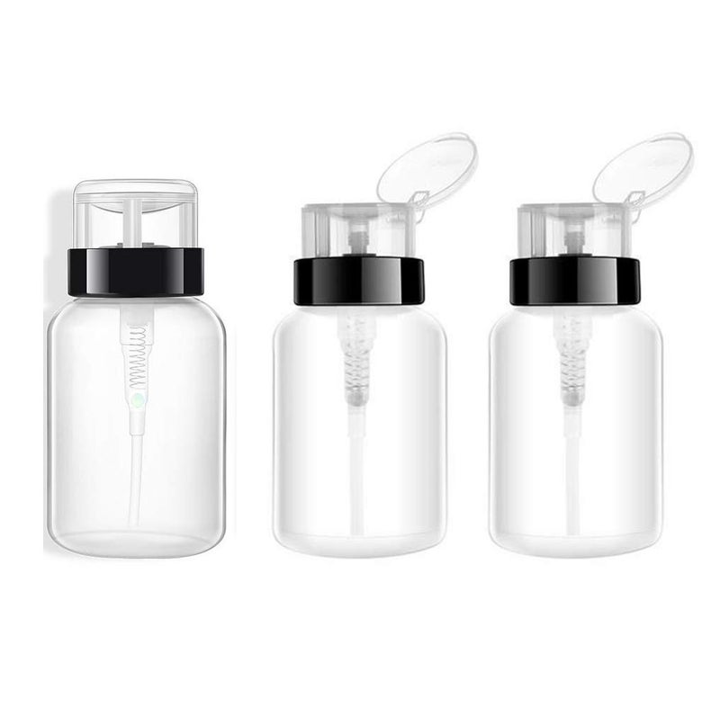 3Pcs 200ml 68 oz Push Down Lockable Pump Dispenser Bottles Clear Refillable Empty Containers with Black Flip Cap for Nail Polish Remover Makeup Remover Facial Toner Travel Cosmetic Pump Bottles